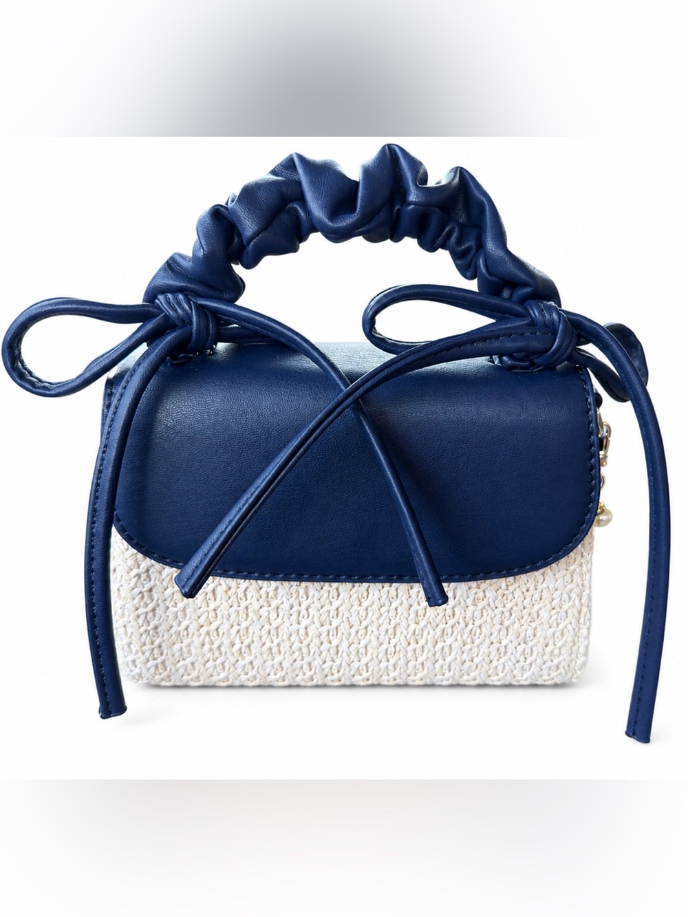 Ruched Handle Navy and Cream Mini Top-Handle Crossbody Bag